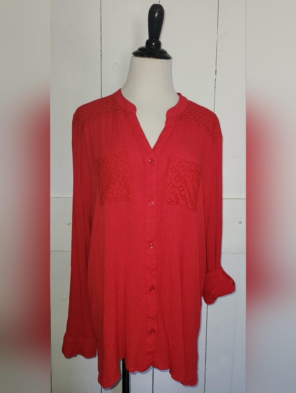 Linda Anderson Red Button-Front Crochet Lace 3/4 Long Sleeve Crepe Blouse XL